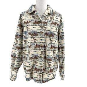 Vintage 90s Liz Claiborne Western Horse Race Saddle Print Shirt Blouse sz Small